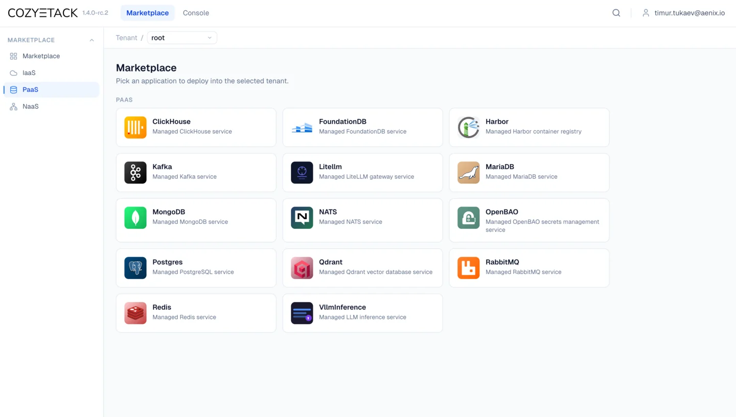 Cozystack 1.4 dashboard — PaaS marketplace with managed PostgreSQL, MariaDB, ClickHouse, Kafka, Redis, OpenSearch, NATS, Harbor, Keycloak and more